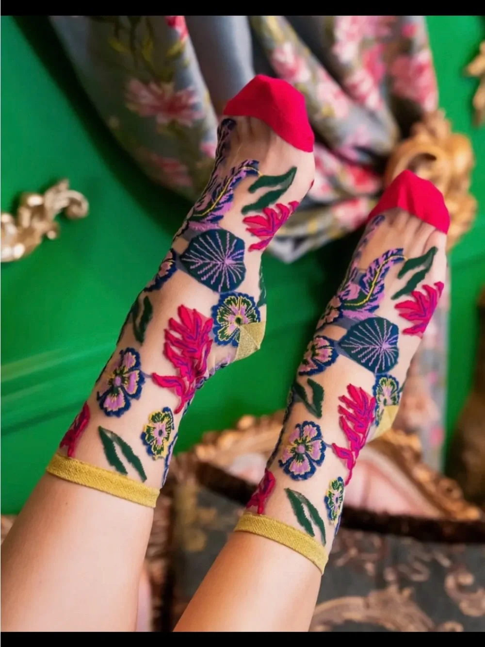 Sock Candy Festive Floral Sheer Crew Sock. Price firm.